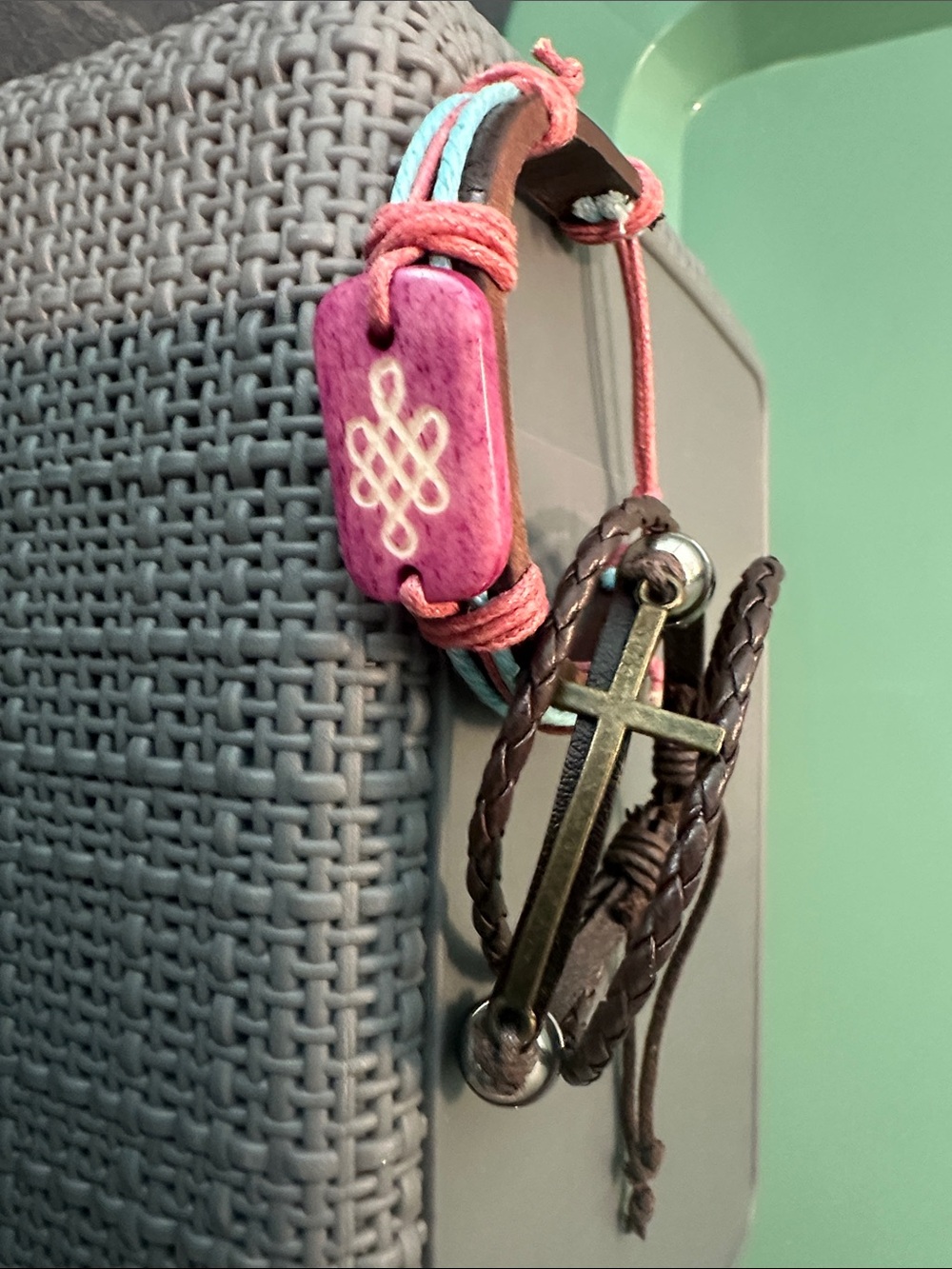Boho Multi-Strand Cross & Stone Bracelet - Pink Turquoise Brown